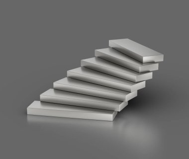 Yedi metalik dikdörtgen blok yığını yükselen bir desen içinde dizilmiş, 3 boyutlu illüstrasyon