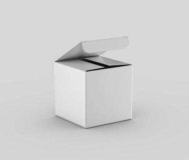 A white open-top cardboard box with a partially lifted lid for packaging and product mockups. 3d Illustration clipart