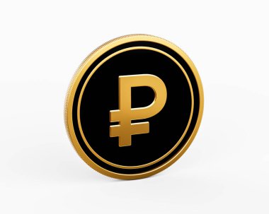 Parlak Altın ve Siyah Yuvarlak Rus Rublesi Beyaz Arkaplanda İzole Edilmiş 3D Görüntü