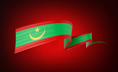 Flag Of Mauritania Wavy Shiny Mauritania Ribbon Flag Isolated On Red Background 3d Illustration clipart