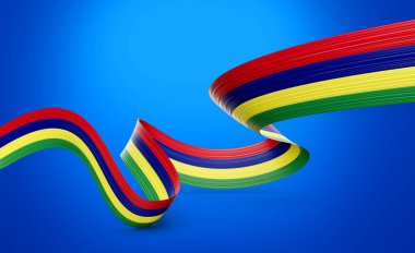Mauritius 'un Parlak Bayrağı Mauritius Ribbon' un Mavi Arkaplanda Bayrağı 3D Görüntü