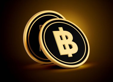 İki Altın ve Siyah Yuvarlak Tayland Baht Sikkesi Parlak Altın Parlak Arkaplan 3D Görüntü