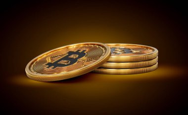 Altın Kripto Para Yığını Bitcoin BTC Parlak Altın Parlak Arkaplan 3D Görüntü