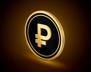 Altın ve Siyah Yuvarlak Rus Rublesi Parlak Altın Parlak Arkaplanda İzole Edilmiş 3D Görüntü