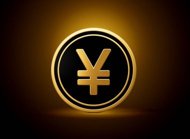 Altın ve Siyah Yuvarlak Japon Sikkesi Parlak Altın Parlak Arkaplanda İzole Edildi 3D Görüntü