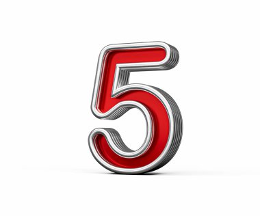 Metalik Işıltı ve Yivli Kenarlı Beyaz Arkaplan 3 boyutlu Görüntü Numaralı Kırmızı 5 numara