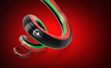 Libya 'nın 3d. Bayrağı Kırmızı Arkaplanda Dalgalı Libya Bayrağı 3d