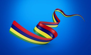 Mauritius 'un Parlak Bayrağı Mauritius Ribbon' un Mavi Arkaplanda Bayrağı 3D Görüntü