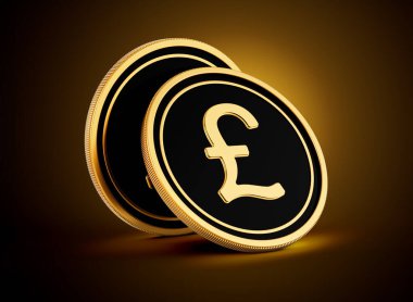 İki Altın ve Siyah Yuvarlak İngiliz Pound Sikkesi Parlak Altın Parlak Arka plan 3D Görüntü