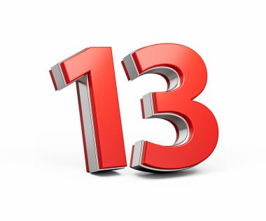 Kalın Kırmızı 13 numara Metalik Beyaz Arkaplanda 3 boyutlu Görüntü