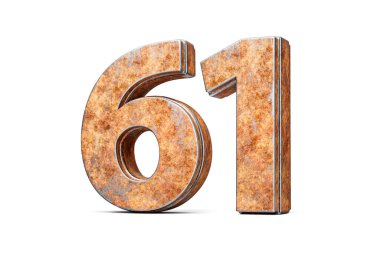 Altmış bir numara 61 basamak Eski paslı demir metalden yapılma beyaz arka plan 3d Görüntü