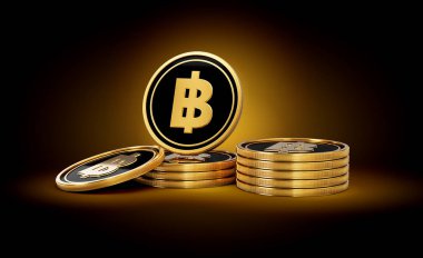 Altın ve Siyah Tayland Baht Sikkeleri Yığını Parlak Altın Parlak Arkaplan 3D Görüntü