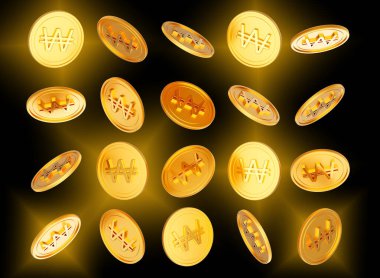 Düşen Altın Parlak Kore Won 'u Siyah Arkaplanda Yuvarlak Bozukluklar 3D Görüntü