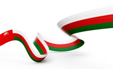 Umman 'ın 3D Bayrağı Parlak Dalgalı Umman Kurdelesi Beyaz Arkaplanda 3D Görüntü