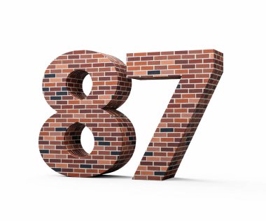 Duvarın seksen yedi numarası 87 haneli renkli tuğla duvarı 3D illüstrasyon