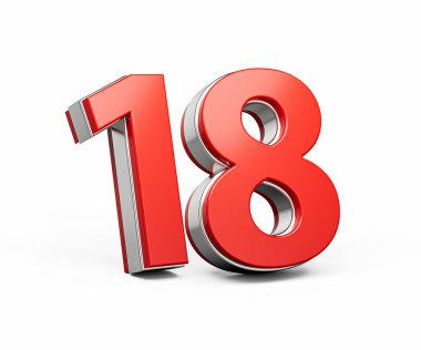 Kalın Kırmızı Numara 18 Metalik Beyaz Arkaplanda 3 boyutlu Görüntü
