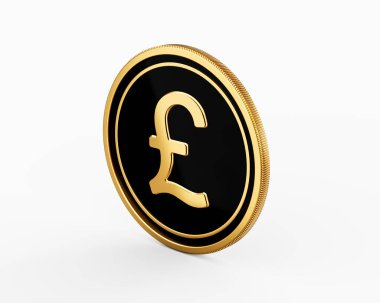 Parlak Altın ve Siyah Yuvarlak İngiliz Pound Parası Beyaz Arkaplanda İzole Edildi 3D Görüntü