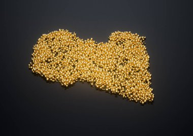 Libya Haritası Yüksek Kaliteli Altın Parlak Metalik Boncuklar veya Toplar 3B İllüstrasyon