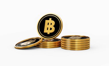 Parlak Altın ve Siyah Tayland Baht Bozuklukları Yuvarlak Sikkeler Beyaz Arkaplanda 3D Görüntü