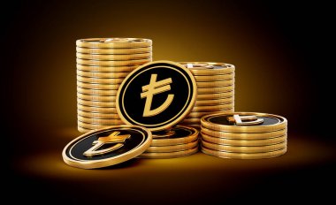 Altın ve Siyah Türk Lirası Yığını Parlak Altın Parlak Arkaplan 3D Görüntü