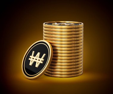 Altın ve Siyah Kore Won Para Yığını Parlak Altın Parlak Arkaplan 3D Görüntü