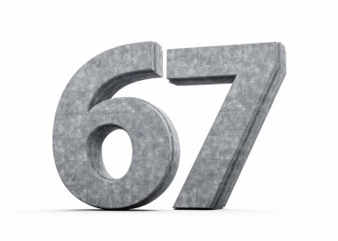 Beton Numarası 67 Gri Beton Taştan Yapım Beyaz Arkaplan 3D İllüstrasyon