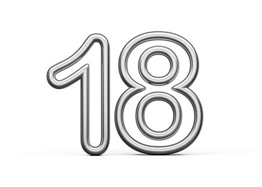 18 Numara: Gümüş Metalik Beyaz Arkaplan 3D Görüntü