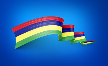 Mauritius 'un Bayrakları Mavi Arkaplanda Dalgalı Dalgalı Kurdele Bayrakları 3D Görüntü