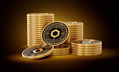 Altın Kripto Para Yığını Parlak Altın Parlak Arkaplanda Zincirli Paralar 3D Görüntü