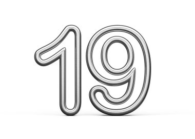 19 Numara: Gümüş Metalik Beyaz Arkaplan 3D Görüntü