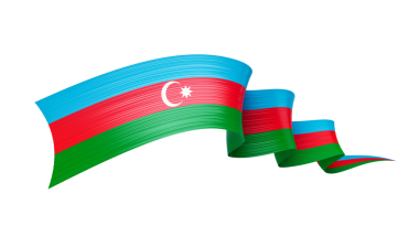 Mavi, kırmızı ve yeşil çizgili Azerbaycan bayrağını gösteren dalgalı bir kurdele ve beyaz bir hilal ve yıldız..