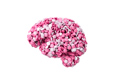 Yuvarlak pembeden yapılmış insan beyni ve beyaz şeker kaplı şeker. Beyaz fasülye arkaplan resmi.