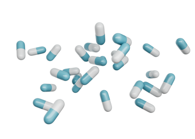 3D Mavi ve Eczacılık Antibiyotik Kapsülleri Havaya Dağılmış, 3D İllüstrasyon