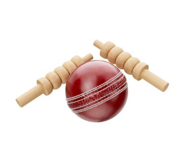 Parlak kırmızı deri dikişli Kriket topu. İki kale çantasıyla mavi üç boyutlu resim.