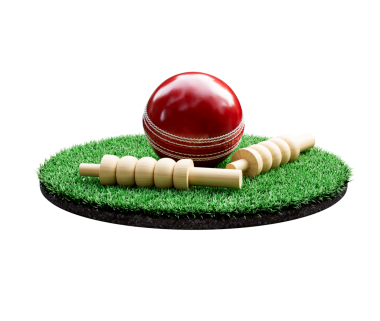 Kırmızı deri dikişli kriket topu. Çimenli zeminde iki tahta kepçe var. 3D görüntü.