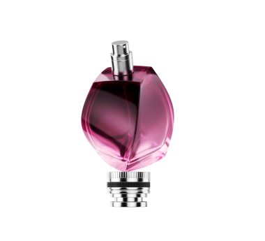 Şeffaf Pembe Cam Parfüm Şişe Parlak 3D resimli gümüş bir şapka üzerinde dinleniyor