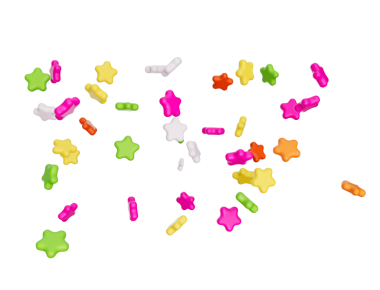 3D yuvarlak Yıldız Şekerleri, 3D Şeker kaplı Gökkuşağı Şekerleri Mavi Üzerine Düşüyor, 3D illüstrasyon