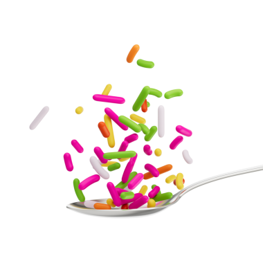 Pasta ve Fırın Malzemeleri İçin Gökkuşağı Serpintisi Üstten Gümüş Kaşıkla 3D Resme Düşüyor