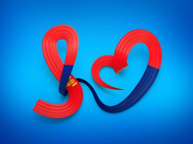 Moğolistan 'ın 3d Bayrağı 3d Dalgalı Parlak Moğolistan Kalp Kurdelesi Mavi Arkaplanda İzole Edildi 3d Görüntü