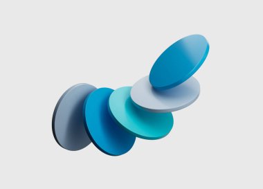 Minimalist uzayda süzülen üç boyutlu mavi dairesel diskler. 3d illüstrasyon