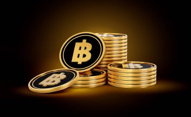 Altın ve Siyah Tayland Baht Sikkeleri Yığını Parlak Altın Parlak Arkaplan 3D Görüntü