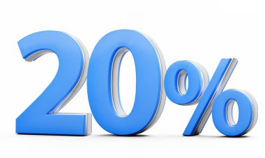 % 20 Canlı Mavi İşaret Beyaz Arkaplanda Metalik Işıltı 3B Görüntü