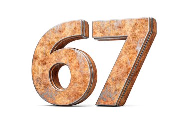 Altmış yedi numara. Eski paslı demir metal desenli 67 basamak. Beyaz arka plan üç boyutlu görüntü.