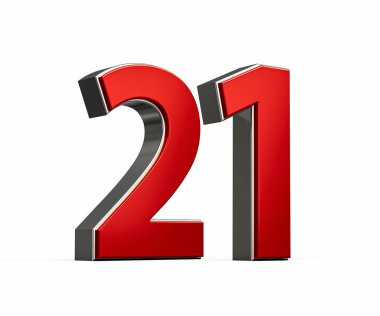 Kalın Kırmızı 21 numara Parlak Metalik Beyaz Arkaplan 3D Görüntü