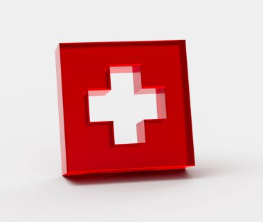 Beyaz haçlı 3 boyutlu kırmızı ilk yardım ikonu, tıbbi yardım ve sağlık hizmetlerini sembolize ediyor. 3d illüstrasyon