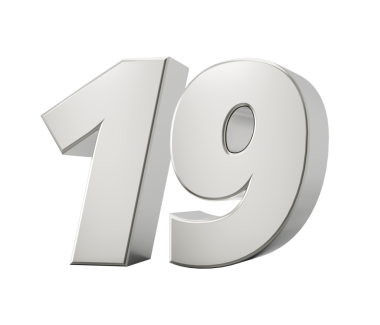 Silver 3d number 19, Nineteen silver 3d number isolated on white background, 3d illustration