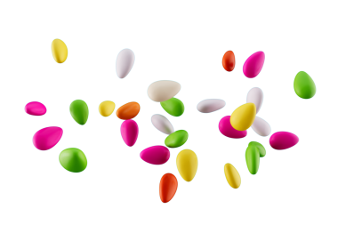 3D Renkli Badem Şekerleri Şeker Kaplamalı Badem Şekerleri Mavi Üzerine Düşüyor, 3D illüstrasyon