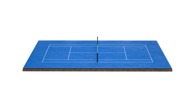 Ortasında ağ olan Mavi Tenis Sahası ve Sınırlar 3 Boyutlu Görüntü Çizgisi