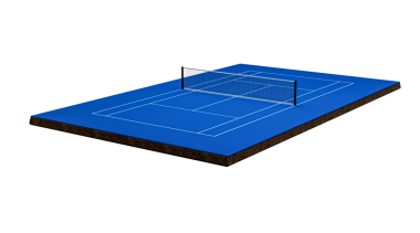 Mavi sert yüzey tenis kortu ve stadyum tam tenis temalı 3D illüstrasyon