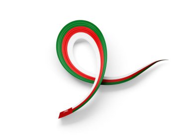 Umman 'ın 3D Bayrağı Dalgalı Farkındalık Kurdelesi Beyaz Arkaplanda 3D Görüntü